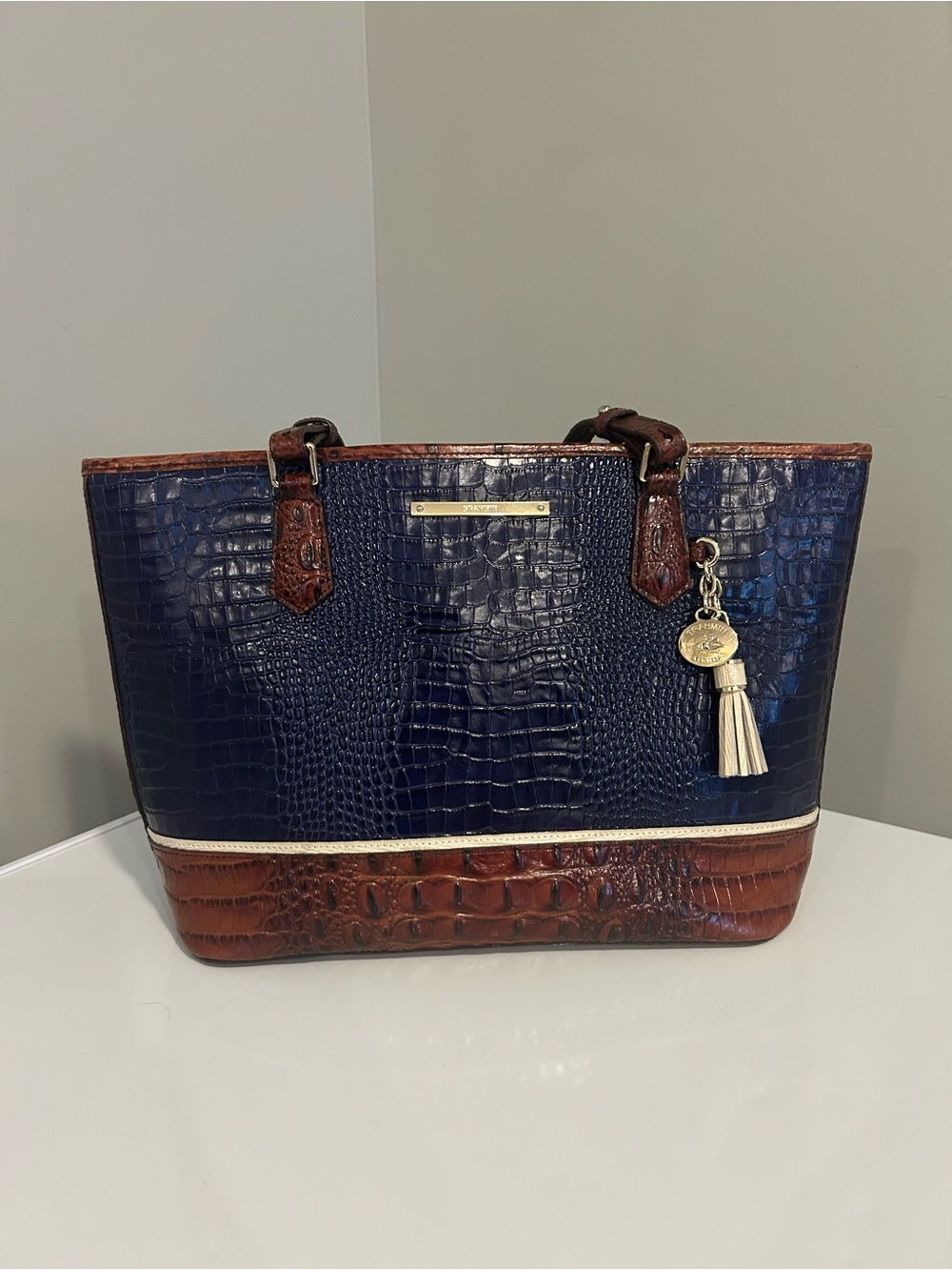 Brahmin Navy and Brown Croc-Embossed Leather Tote with Cream Tassel